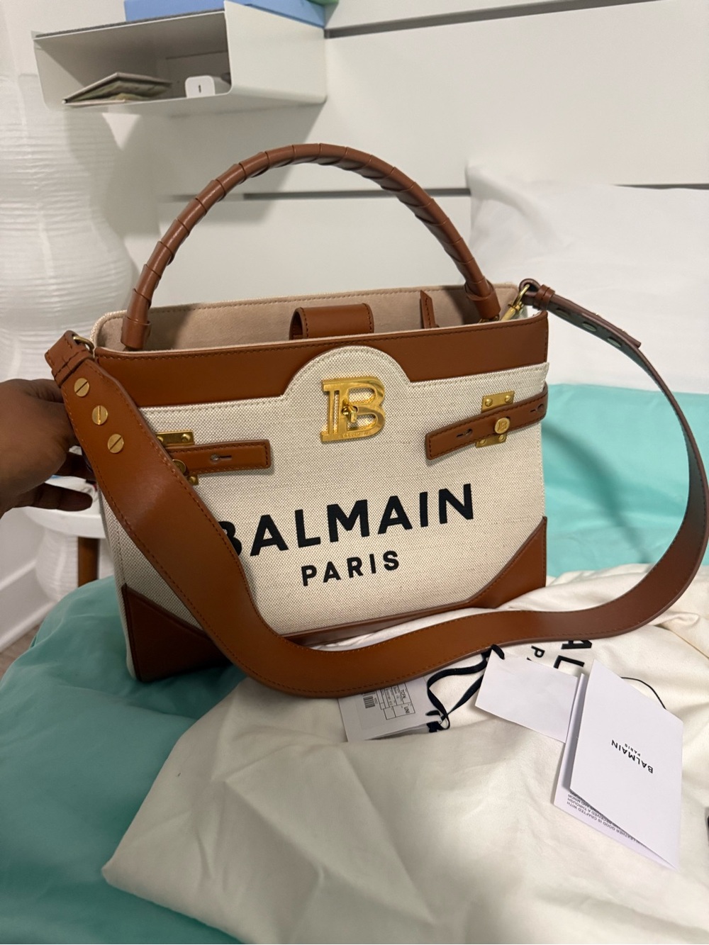 Balmain Cream Canvas and Tan Leather Top-Handle Satchel